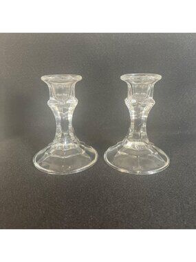 Glass Candlestick Holders Clear Hexagonal Base Pair Vintage Crissa Decor
